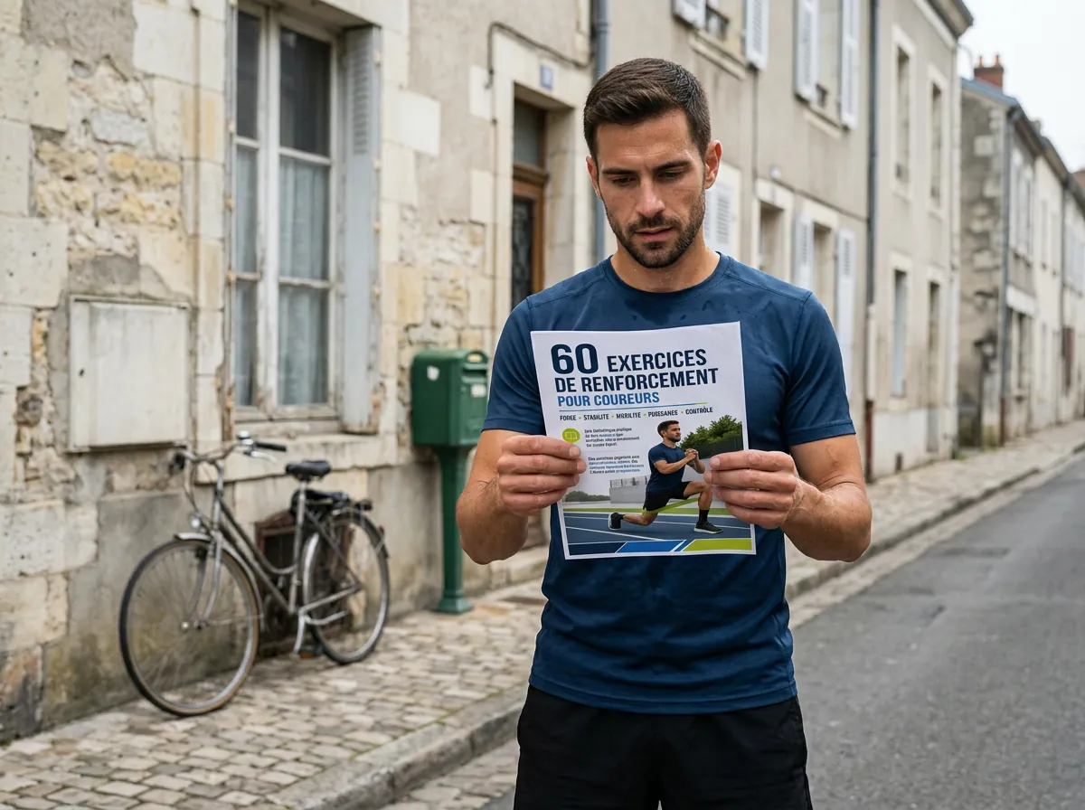 Coureur lisant une page imprimée du guide dans une rue en France