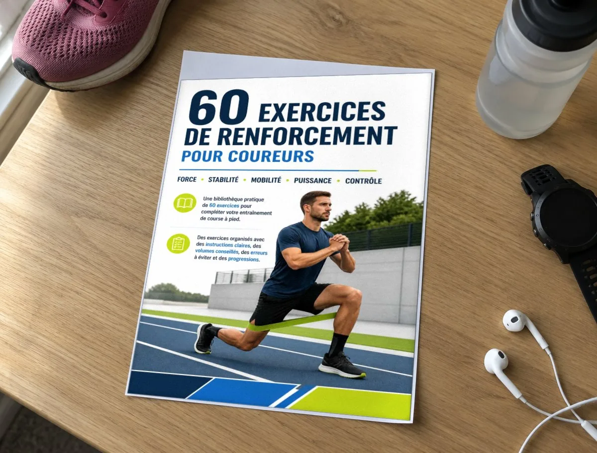 Guide de 60 exercices de renforcement pour coureurs imprimé sur une table